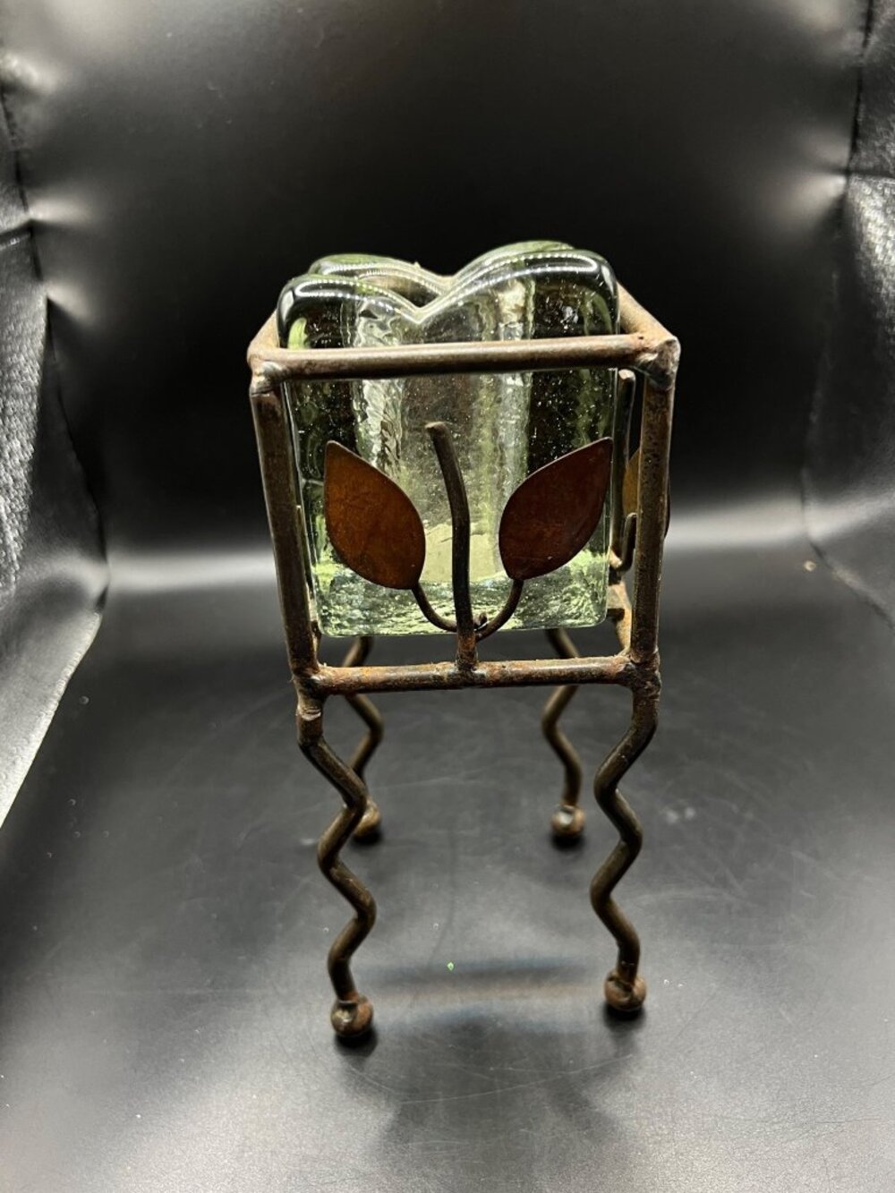 Rustic Handblown Green Glass Vase Metal Leaf Stand Wavy Legs Rust Patina Vintage